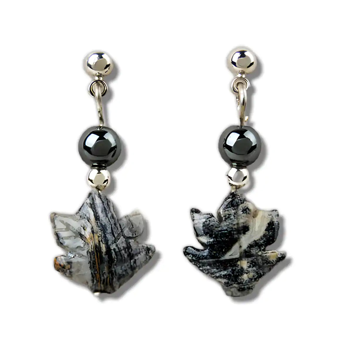 Hematite maple leaf drop earrings