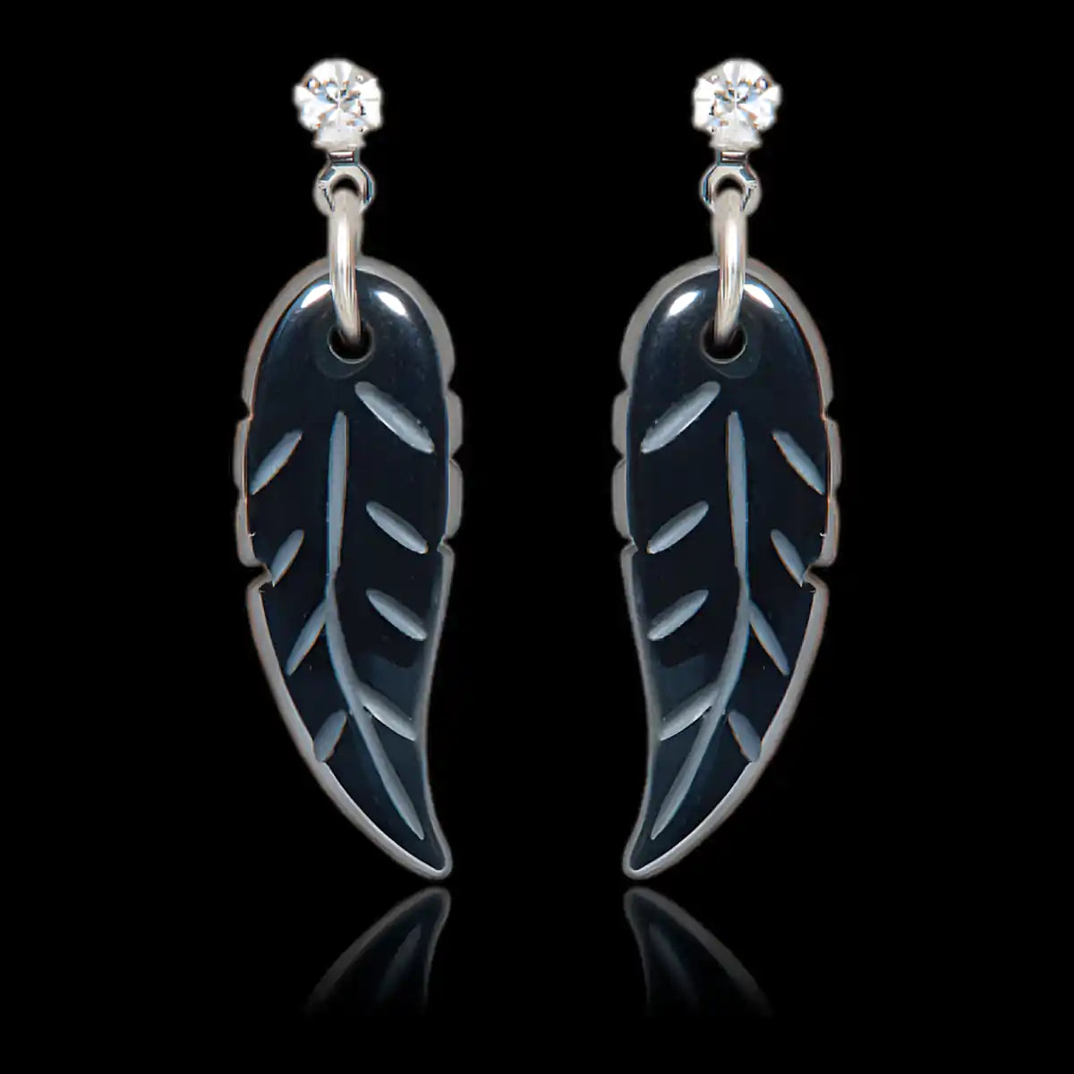 Hematite hand carved feather earrings