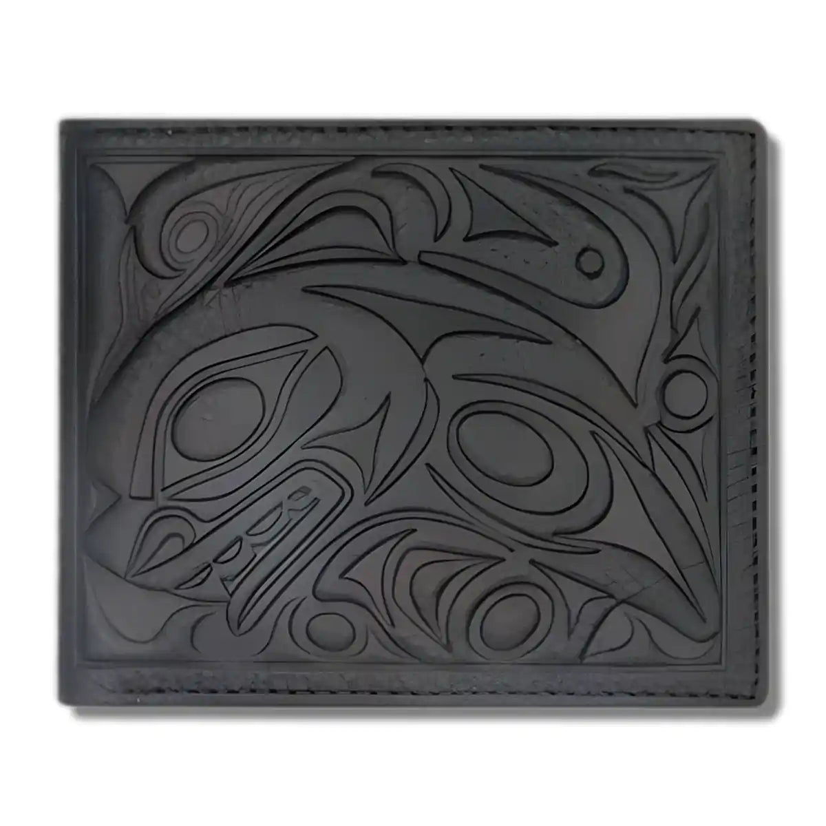 Leather wallet with native embossed orca design