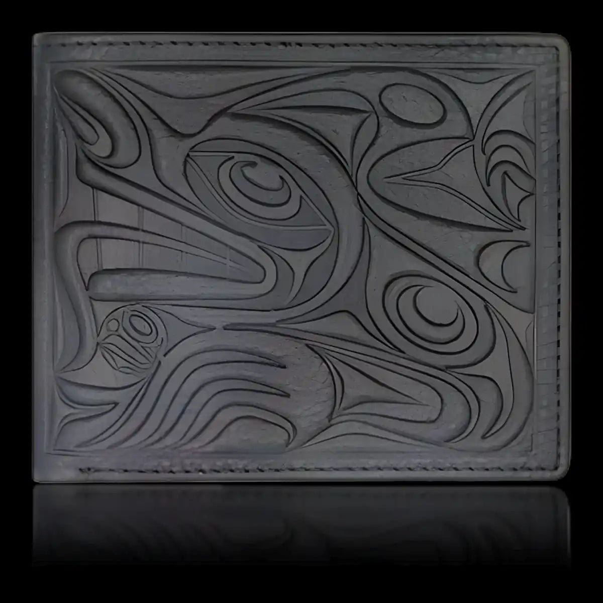 Leather wallet with native embossed wolf design