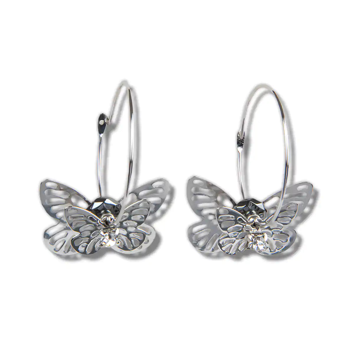 Hematite butterfly hoop earrings