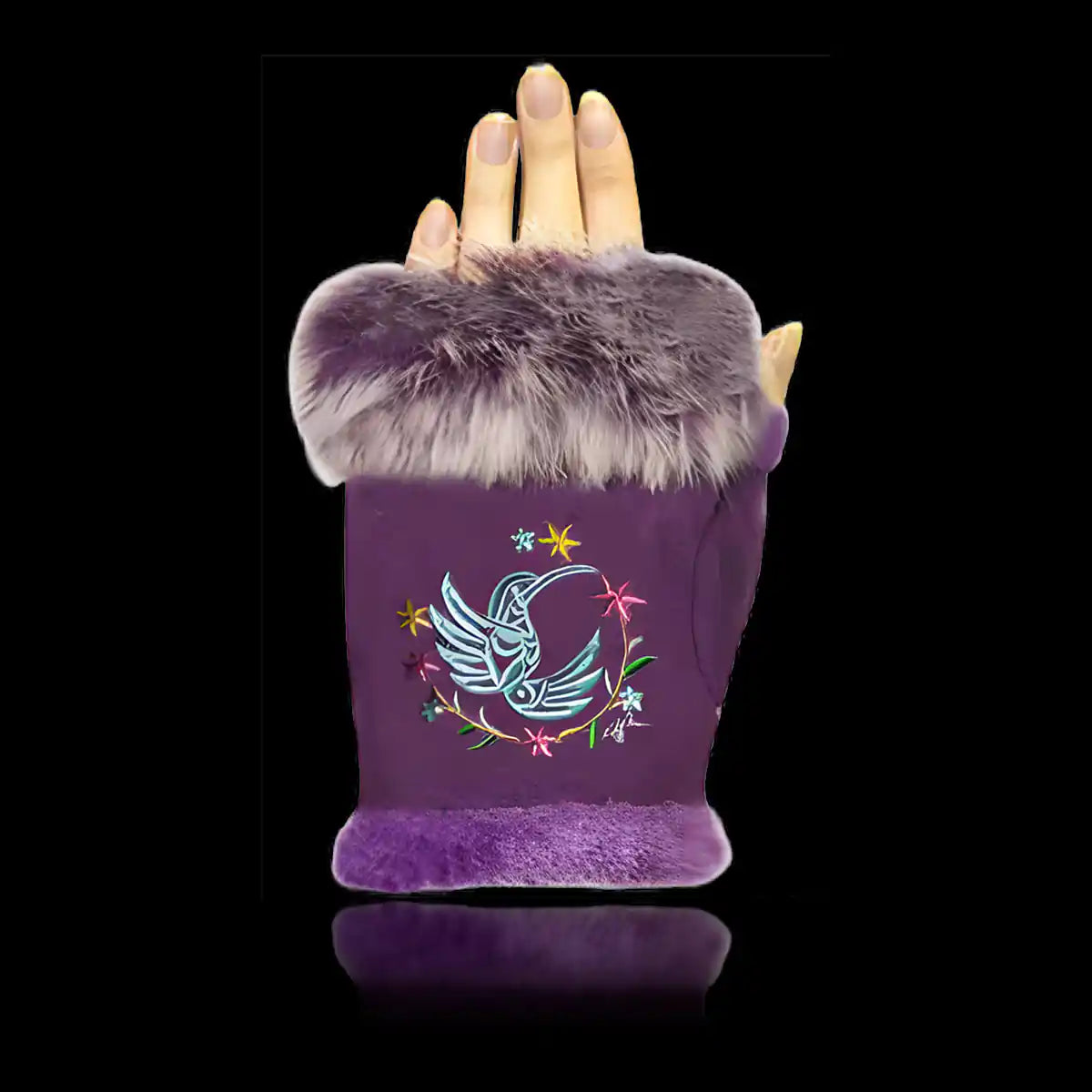 Fingerless gloves hummingbird purple