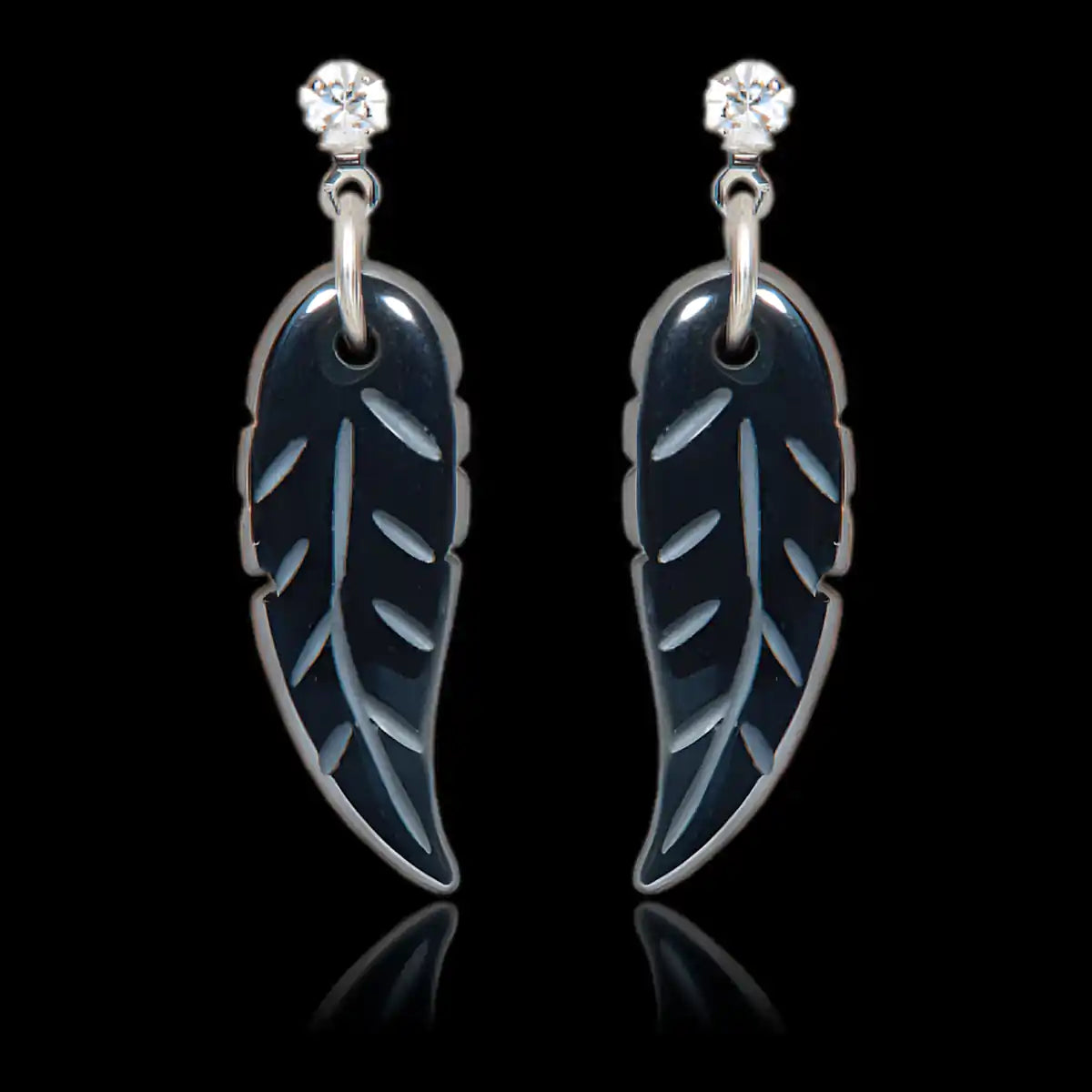 Hematite hand carved feather earrings
