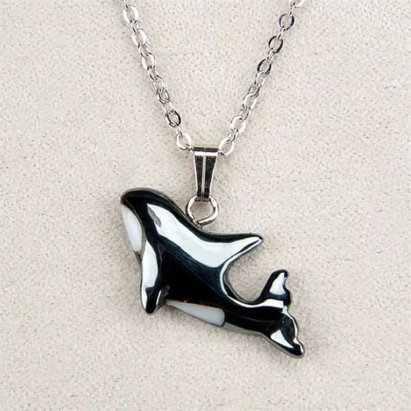 Hematite orca whale dance necklace