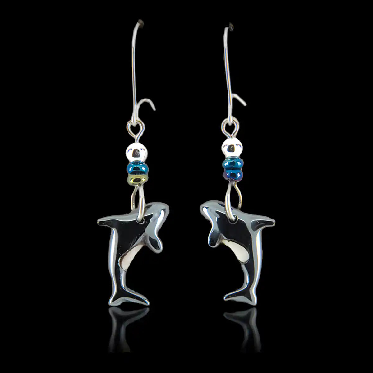 Hematite orca whale-dangle earrings