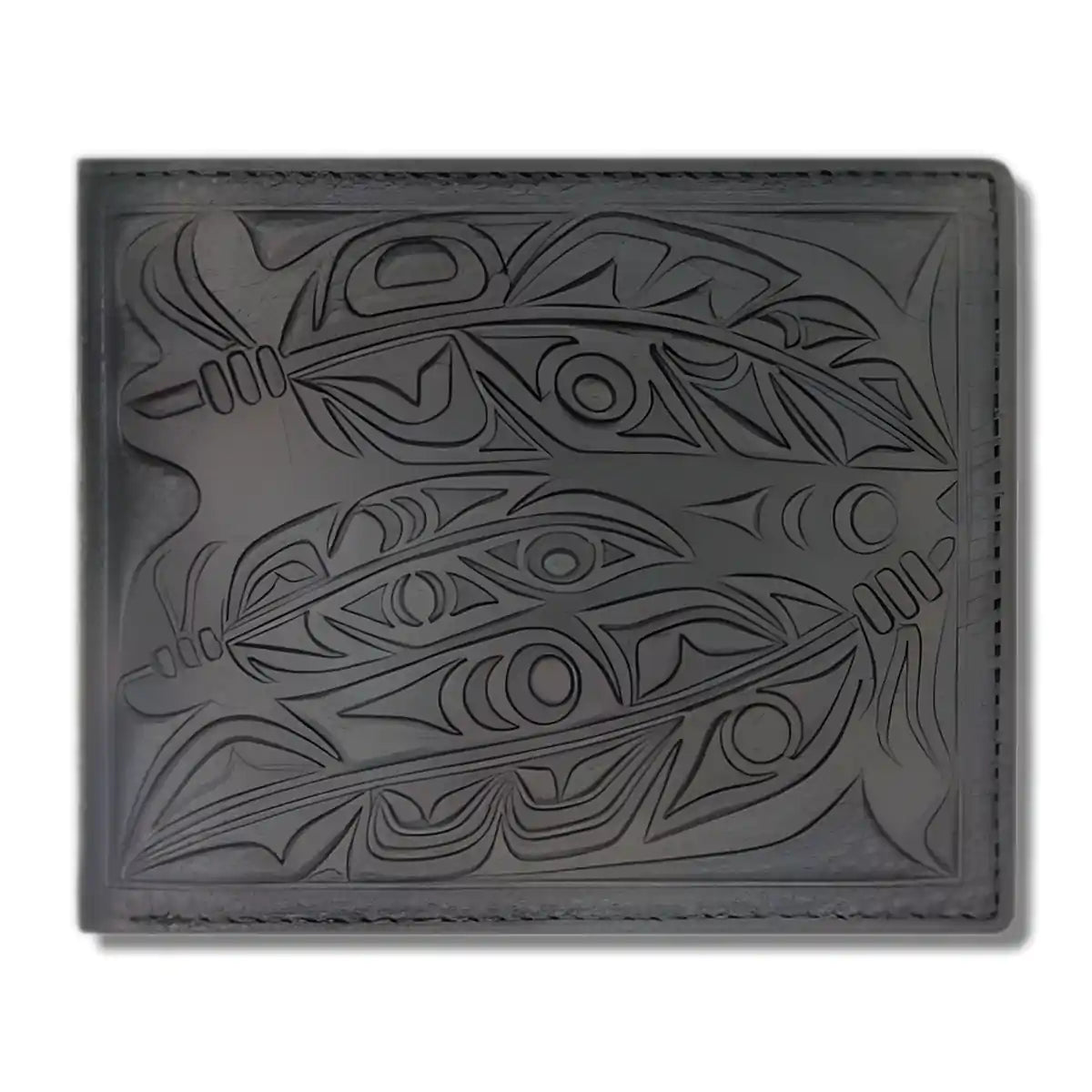 Leather wallet with native embossed feather design