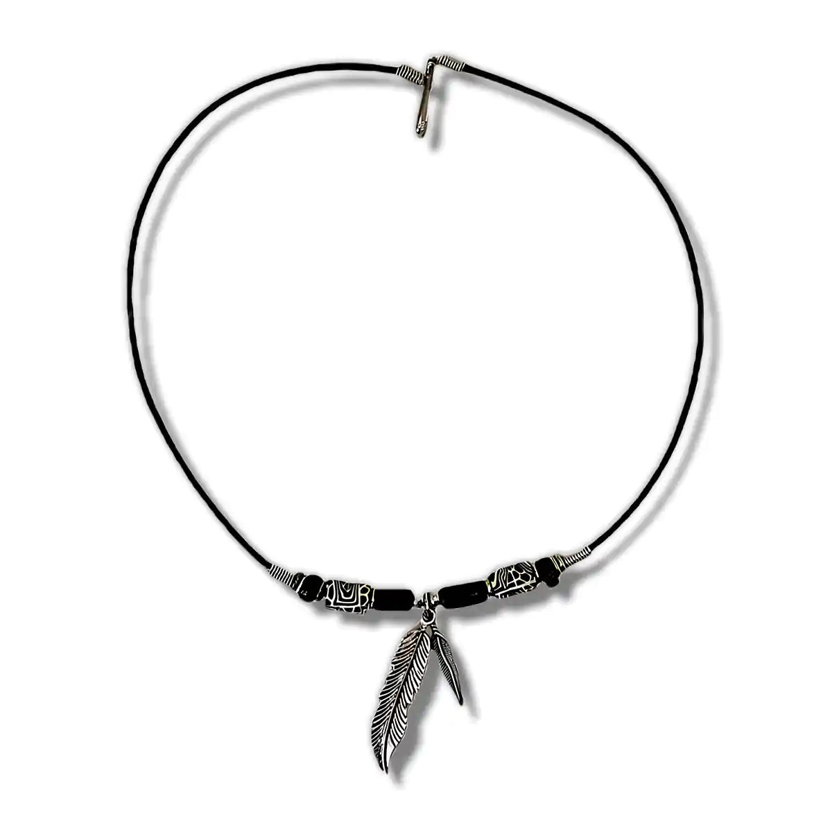 Necklace two metal feathers with indigenous beads