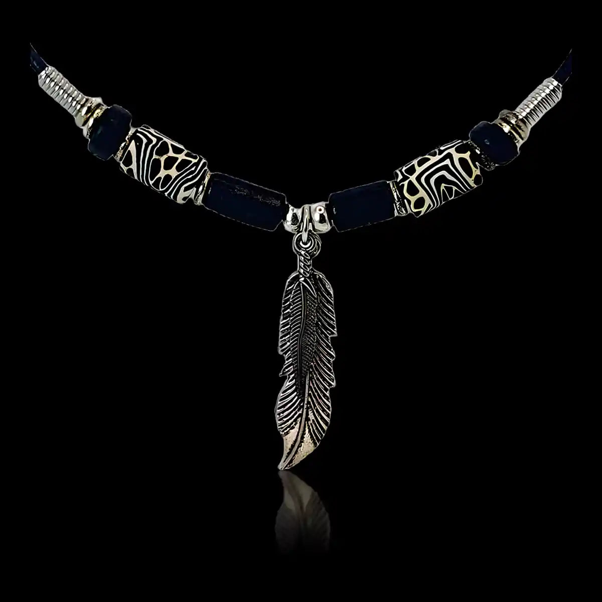 Necklace two metal feathers with indigenous beads